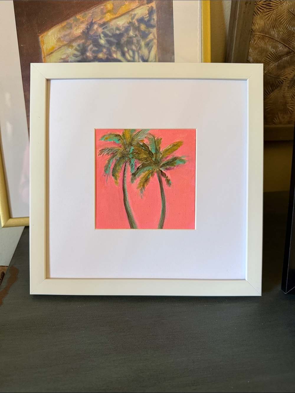 Original Framed Palm Tree Artwork in Coral Pink in 8”x 8” frame
